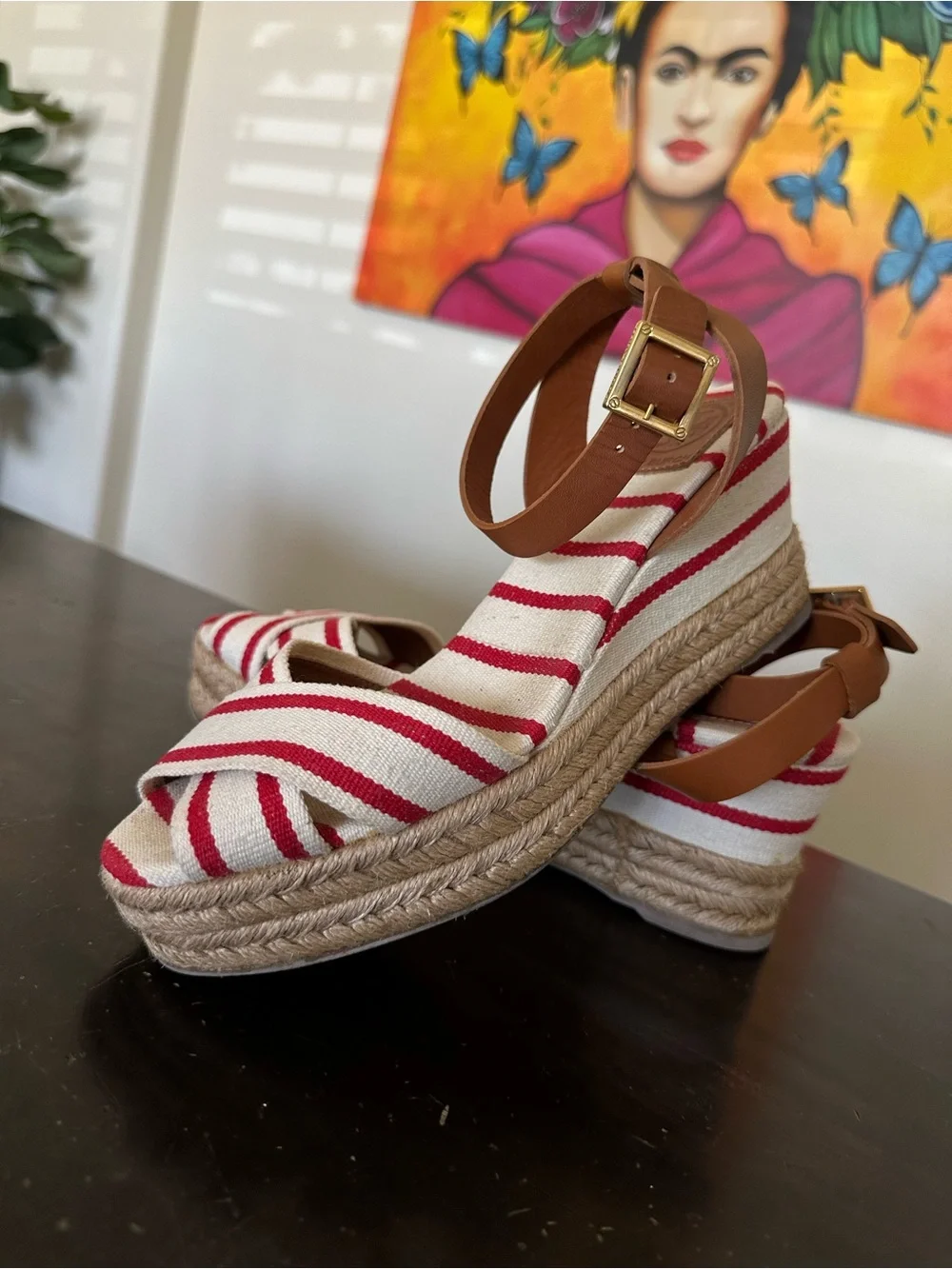 Tory Burch Red and White Striped “Karissa”Espadrille Wedges with Tan Ankle Strap
